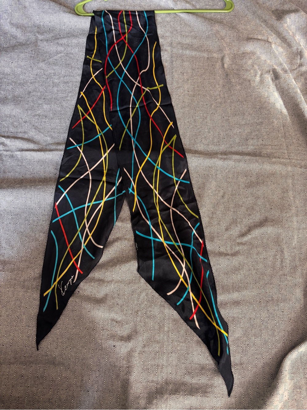 Vintage kenzie Black silk asymmetrical Skinny Scarf with Multicolor Ribbon Lines